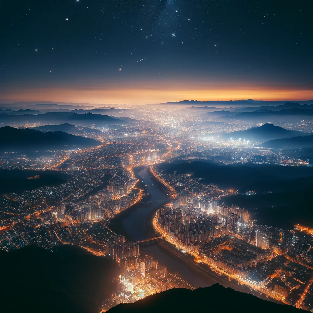 DALL·E 2024-04-04 12.59.39 - A breathtaking night view from Sikjangsan Mountain in Daejeon, South Korea, resembling a phot.webp